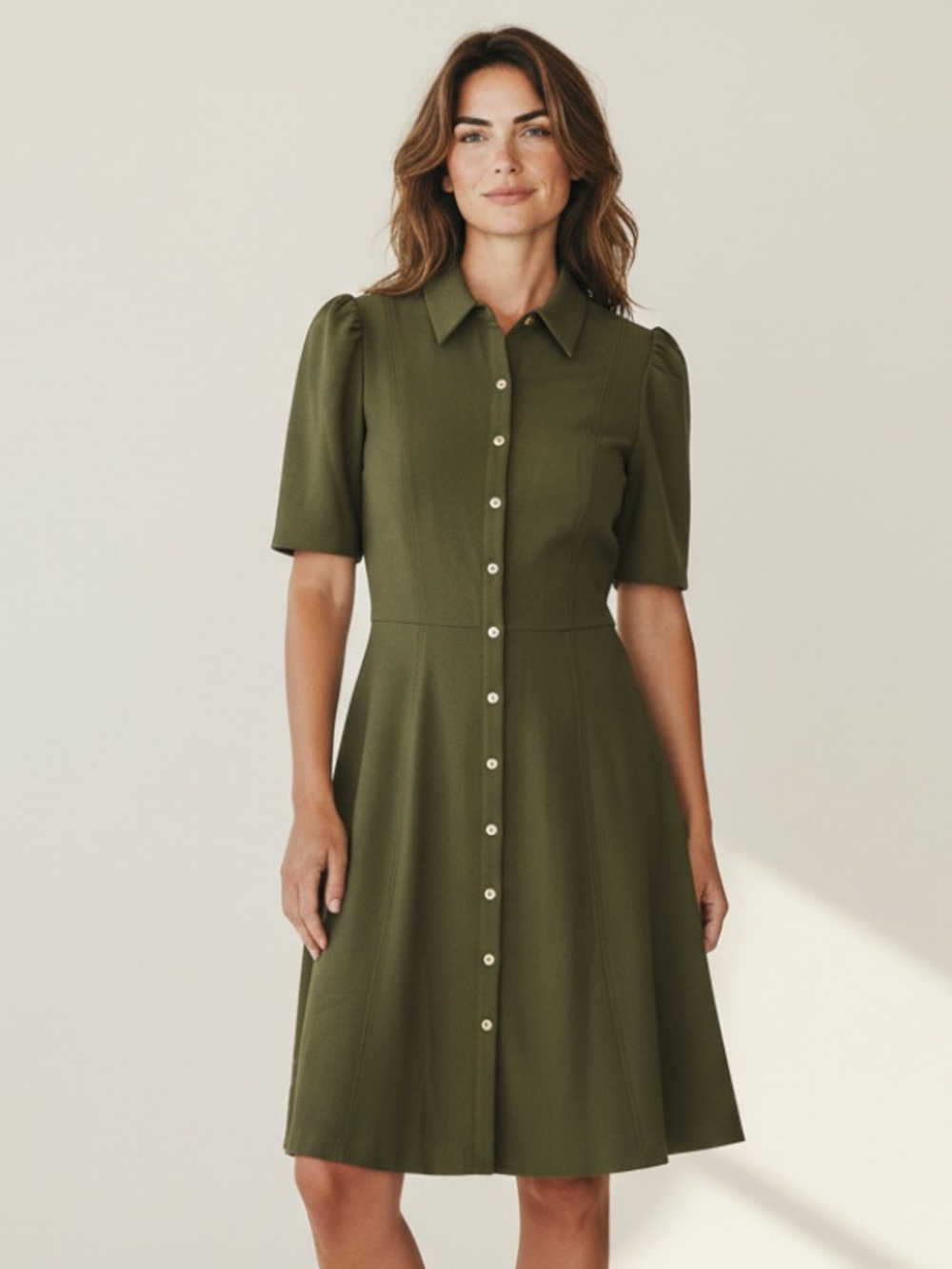 Eliza J, Olive Green Button-Front Shirt Dress, 10